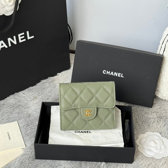 CHANEL 25S CF SMALL TRI FOLD WALLET 11 IN MOSS GREEN CAVIAR GOLD HARDWARE