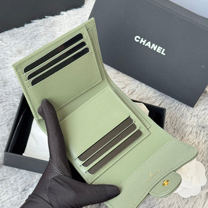 CHANEL 25S CF SMALL TRI FOLD WALLET 11 IN MOSS GREEN CAVIAR GOLD HARDWARE