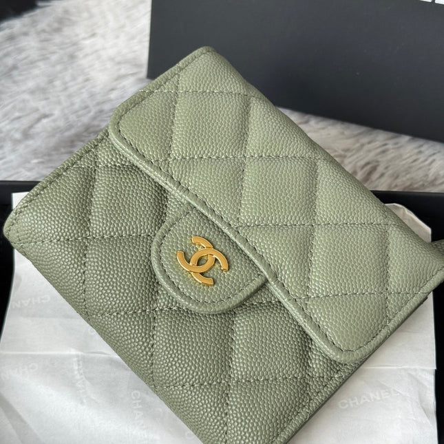 CHANEL 25S CF SMALL TRI FOLD WALLET 11 IN MOSS GREEN CAVIAR GOLD HARDWARE