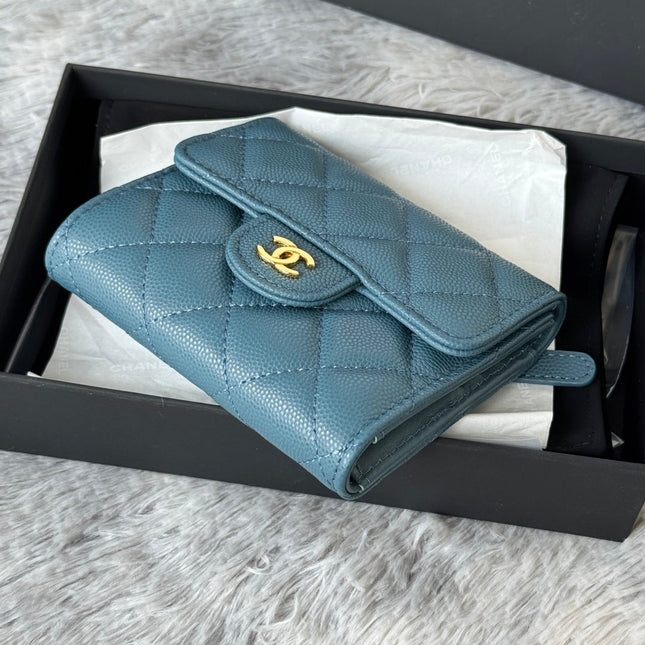 CHANEL 25S CF SMALL TRI FOLD WALLET 11 IN SLATE BLUE CAVIAR GOLD HARDWARE