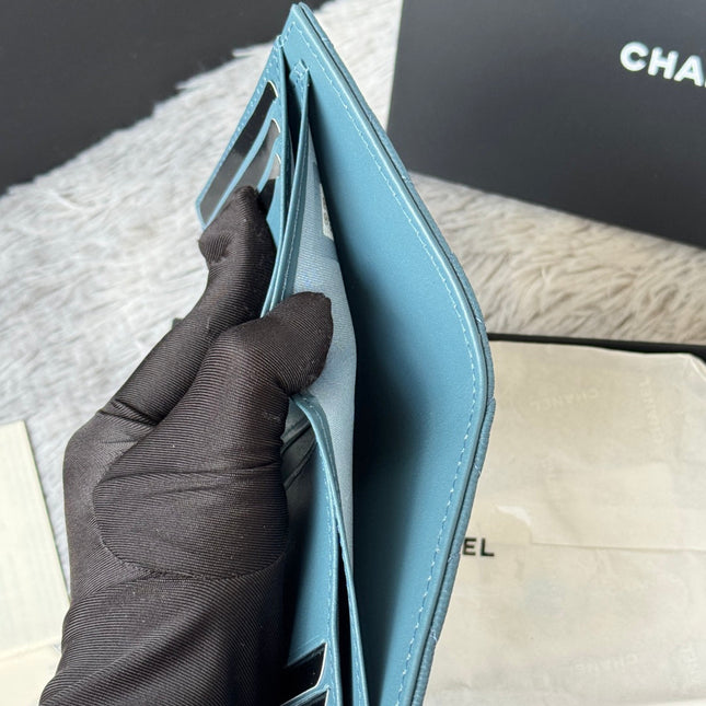 CHANEL 25S CF SMALL TRI FOLD WALLET 11 IN SLATE BLUE CAVIAR GOLD HARDWARE