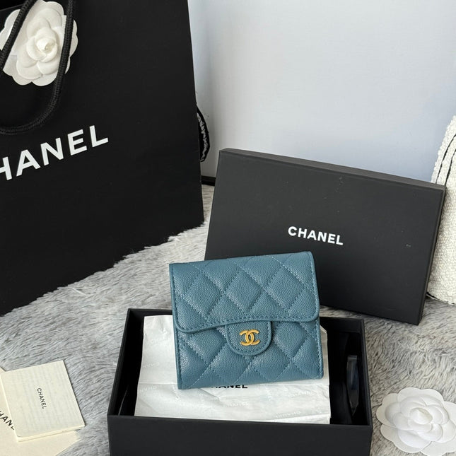 CHANEL 25S CF SMALL TRI FOLD WALLET 11 IN SLATE BLUE CAVIAR GOLD HARDWARE
