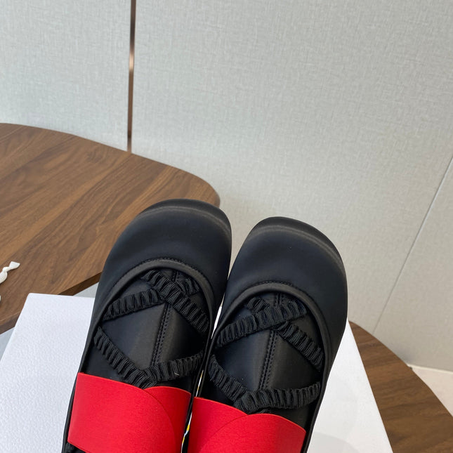 DIOR 25S STRETCH BALLET BOOTS IN BLACK AND RED SATIN