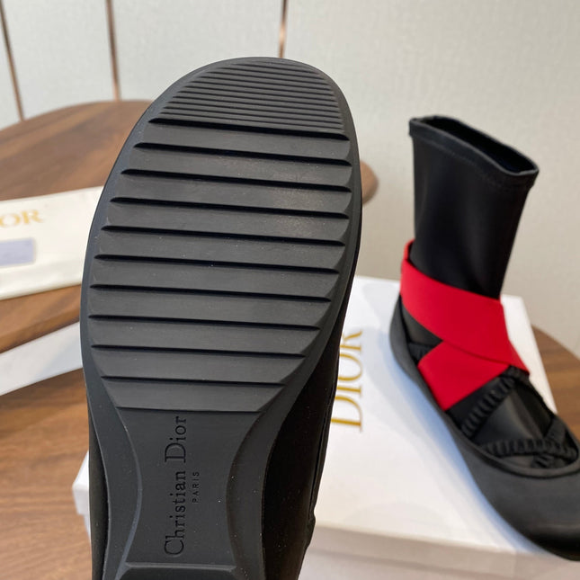 DIOR 25S STRETCH BALLET BOOTS IN BLACK AND RED SATIN