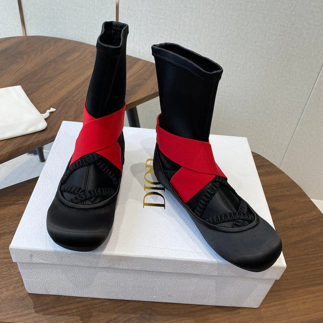 DIOR 25S STRETCH BALLET BOOTS IN BLACK AND RED SATIN