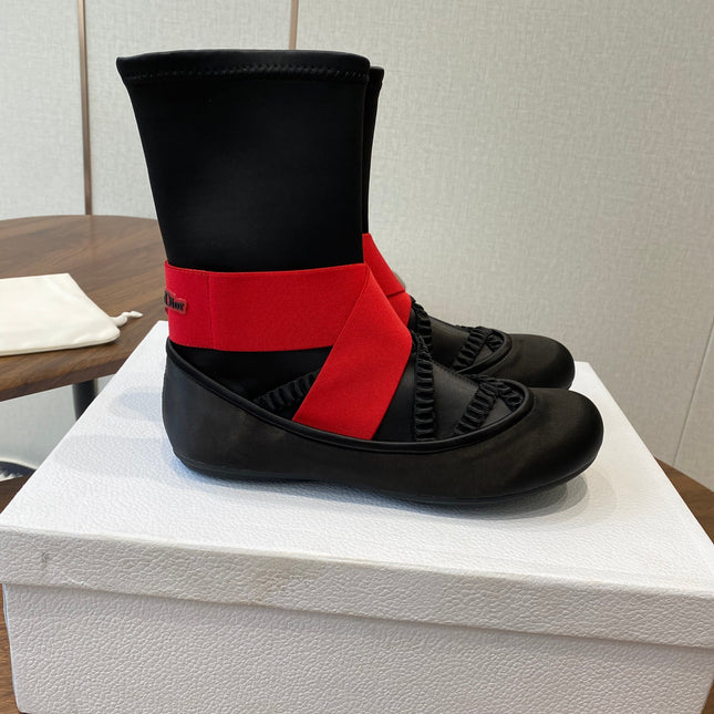 DIOR 25S STRETCH BALLET BOOTS IN BLACK AND RED SATIN