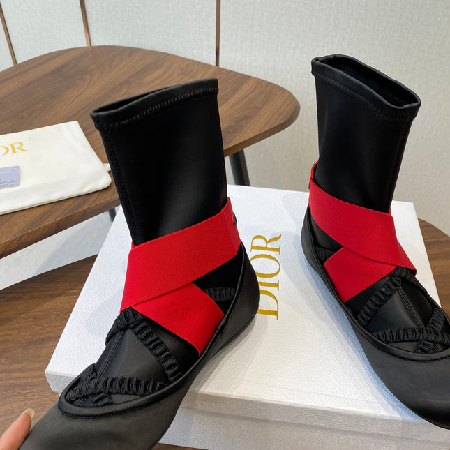 DIOR 25S STRETCH BALLET BOOTS IN BLACK AND RED SATIN