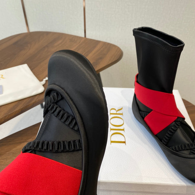 DIOR 25S STRETCH BALLET BOOTS IN BLACK AND RED SATIN