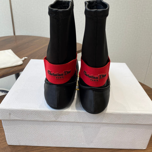 DIOR 25S STRETCH BALLET BOOTS IN BLACK AND RED SATIN