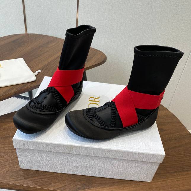 DIOR 25S STRETCH BALLET BOOTS IN BLACK AND RED SATIN