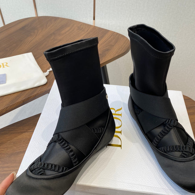 DIOR 25S STRETCH BALLET BOOTS IN BLACK FULL SATIN