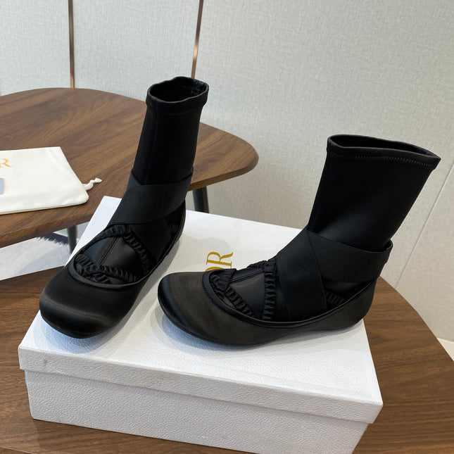 DIOR 25S STRETCH BALLET BOOTS IN BLACK FULL SATIN