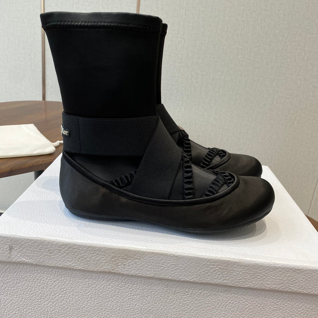 DIOR 25S STRETCH BALLET BOOTS IN BLACK FULL SATIN
