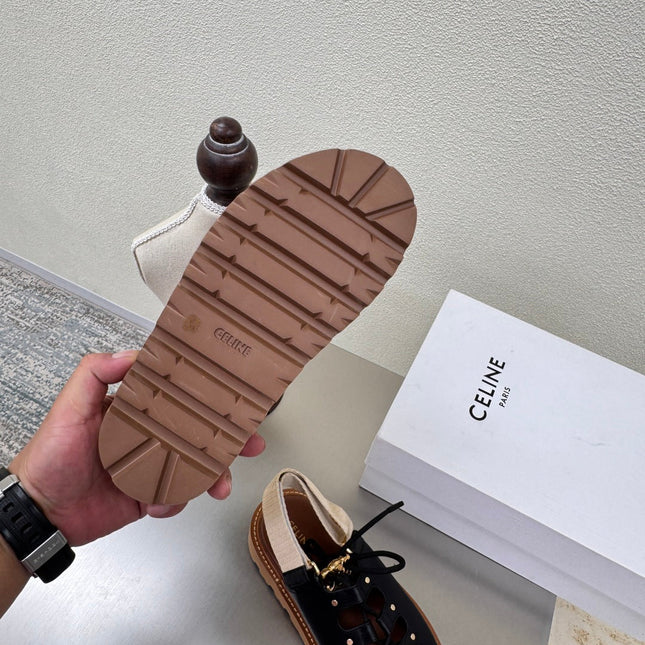 CELINE 25S BILLIE CHUNKY SANDAL IN BLACK CALFSKIN AND TEXTILE