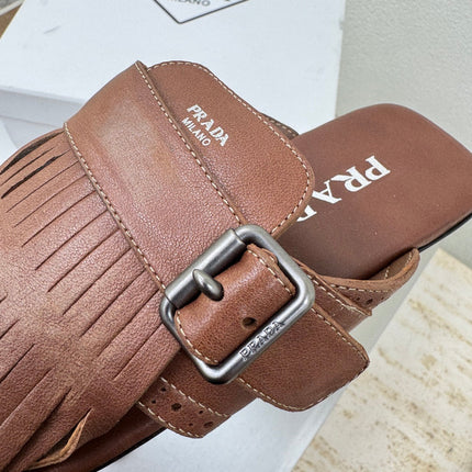 PRADA 25S SHUFFLE LEATHER THONG SANDALS IN SIENNA CALFSKIN