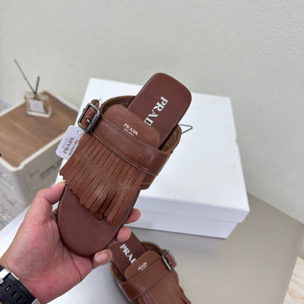 PRADA 25S SHUFFLE LEATHER THONG SANDALS IN SIENNA CALFSKIN