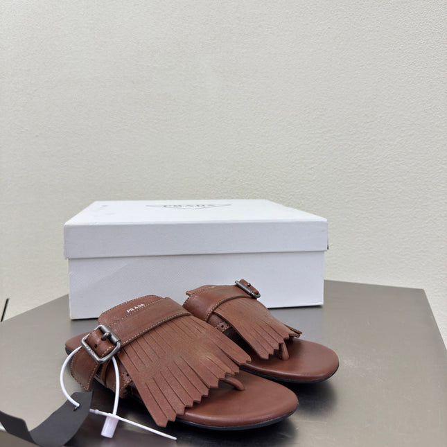PRADA 25S SHUFFLE LEATHER THONG SANDALS IN SIENNA CALFSKIN