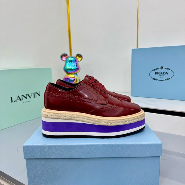 PRADA 25S FLAT WEDGE SHOES 60MM IN WINE RED CALFSKIN