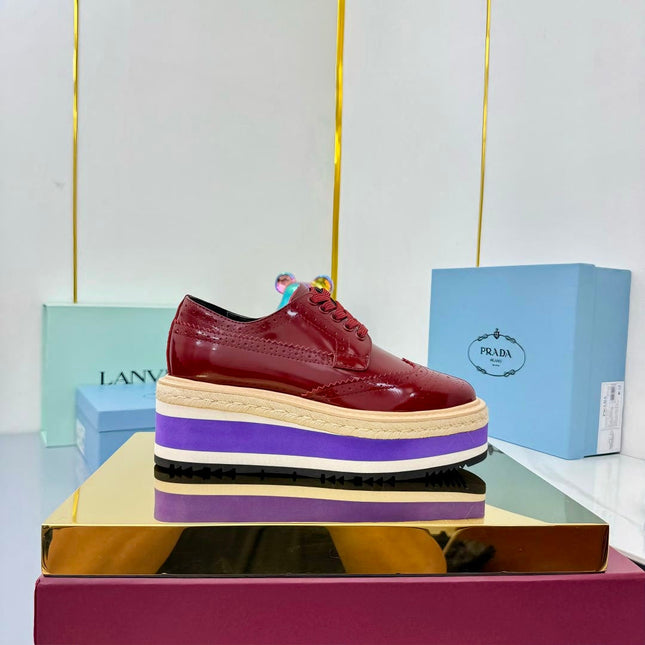 PRADA 25S FLAT WEDGE SHOES 60MM IN WINE RED CALFSKIN