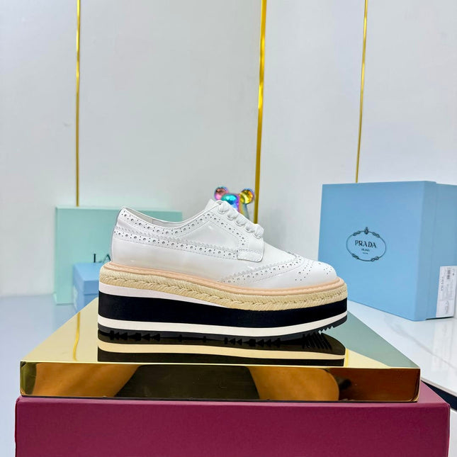 PRADA 25S FLAT WEDGE SHOES 60MM IN WHITE CALFSKIN