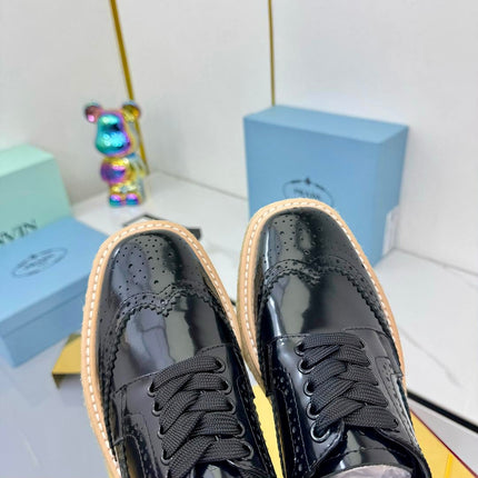 PRADA 25S FLAT WEDGE SHOES 60MM IN BLACK GLOSSY CALFSKIN