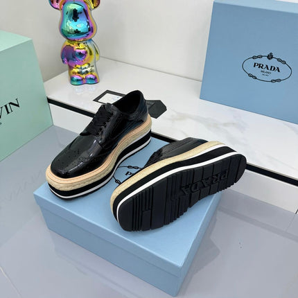 PRADA 25S FLAT WEDGE SHOES 60MM IN BLACK GLOSSY CALFSKIN