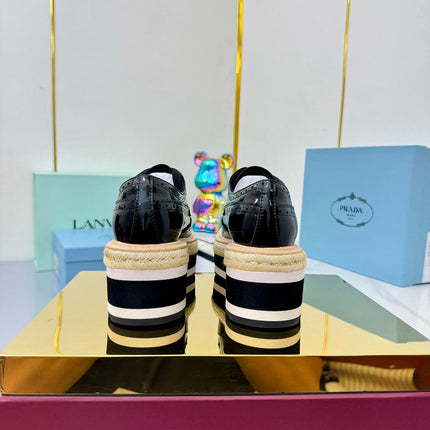 PRADA 25S FLAT WEDGE SHOES 60MM IN BLACK GLOSSY CALFSKIN