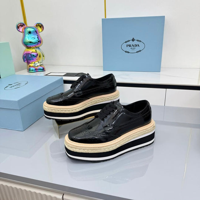 PRADA 25S FLAT WEDGE SHOES 60MM IN BLACK GLOSSY CALFSKIN