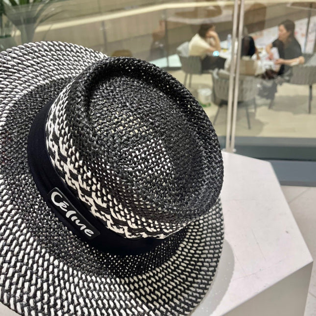 WIDE BRIM HAT MODEL 652048 IN BLACK AND WHITE WOVEN STRAW