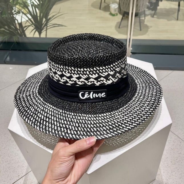 WIDE BRIM HAT MODEL 652048 IN BLACK AND WHITE WOVEN STRAW