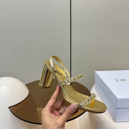 HIGH HEEL 25S SANDALS 85MM IN SHINY GOLD CALFSKIN RHINESTONES STRAP
