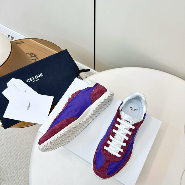 CELINE 25S RACER LOW TOP SNEAKER IN ROYAL PURPLE AND RED NYLON AND SUEDE