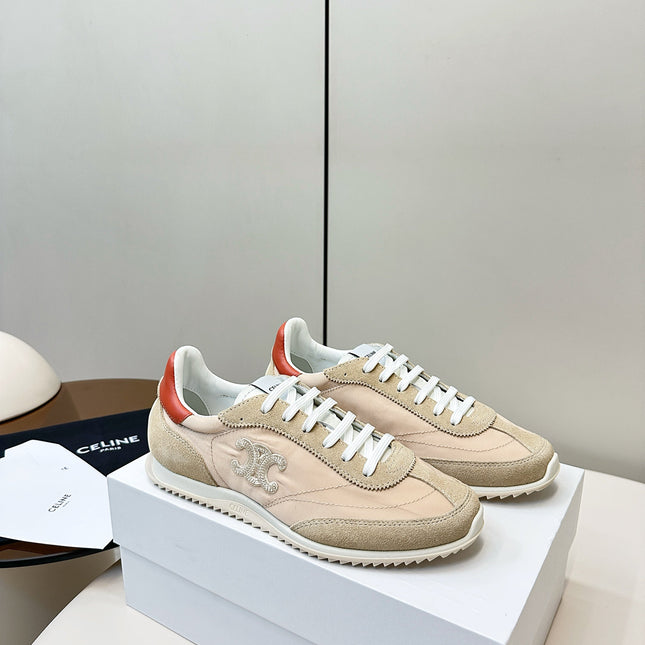 CELINE 25S RACER LOW TOP SNEAKER IN BEIGE AND LIGHT GRAY NYLON AND SUEDE