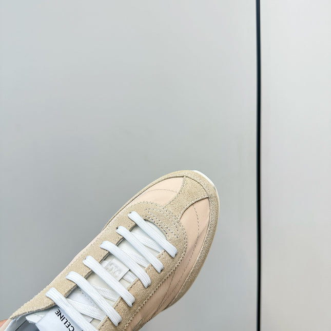 CELINE 25S RACER LOW TOP SNEAKER IN BEIGE AND LIGHT GRAY NYLON AND SUEDE