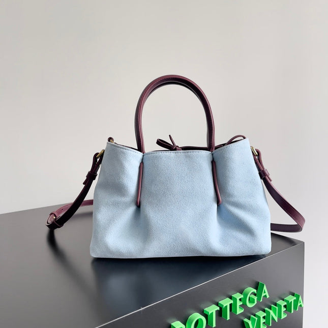 SMALL PINACOTECA REVERSIBLE TOTE BAG 24 IN MADDER BROWN LAMBSKIN AND LIGHT BLUE SUEDE
