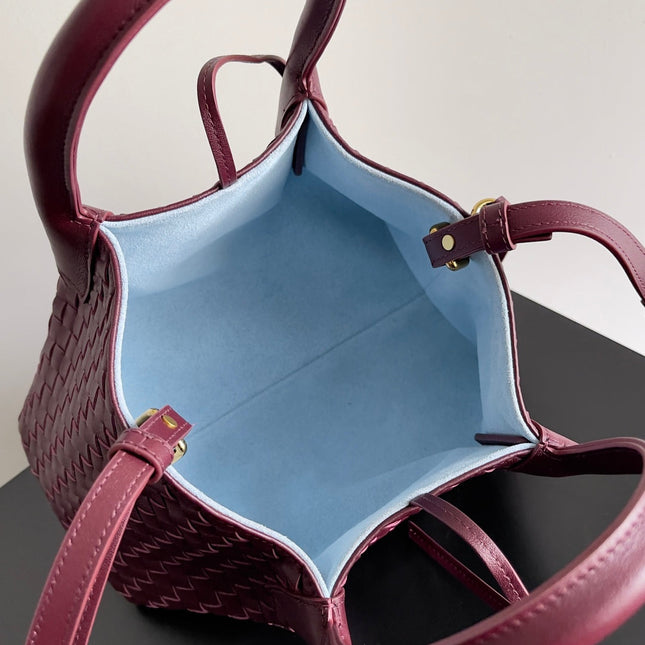 SMALL PINACOTECA REVERSIBLE TOTE BAG 24 IN MADDER BROWN LAMBSKIN AND LIGHT BLUE SUEDE