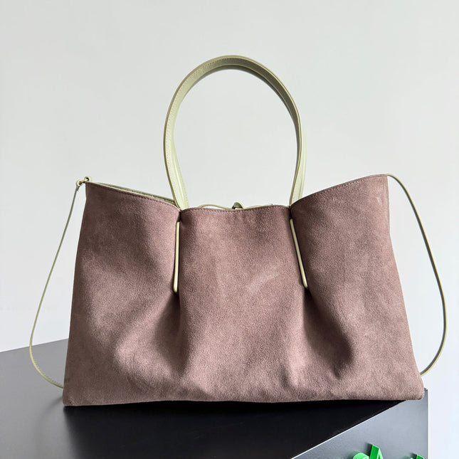 PINACOTECA REVERSIBLE TOTE BAG 43 IN MATCHA LAMBSKIN AND BROWN SUEDE