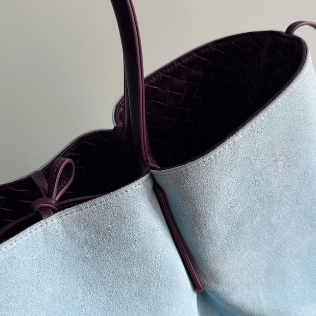 PINACOTECA REVERSIBLE TOTE BAG 43 IN MADDER BROWN LAMBSKIN AND LIGHT BLUE SUEDE