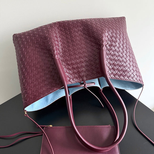 PINACOTECA REVERSIBLE TOTE BAG 43 IN MADDER BROWN LAMBSKIN AND LIGHT BLUE SUEDE