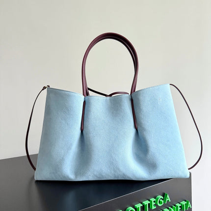 PINACOTECA REVERSIBLE TOTE BAG 43 IN MADDER BROWN LAMBSKIN AND LIGHT BLUE SUEDE