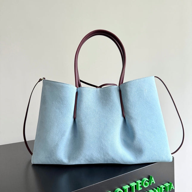 PINACOTECA REVERSIBLE TOTE BAG 43 IN MADDER BROWN LAMBSKIN AND LIGHT BLUE SUEDE