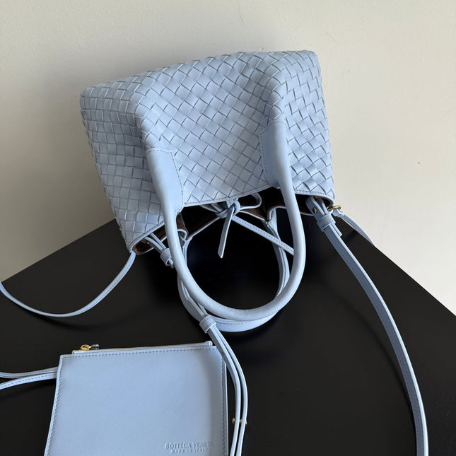 BOTTEGA VENETA 25S SMALL PINACOTECA REVERSIBLE BAG 24 IN LIGHT BLUE CALFSKIN