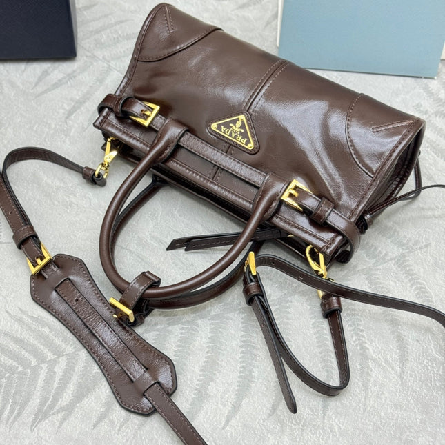 PRADA 25S BONNIE MINI HANDBAG 23 IN DARK BROWN CALFSKIN GOLD HARDWRE