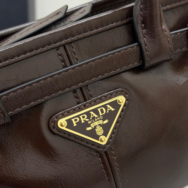 PRADA 25S BONNIE MINI HANDBAG 23 IN DARK BROWN CALFSKIN GOLD HARDWRE