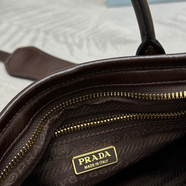 PRADA 25S BONNIE MINI HANDBAG 23 IN DARK BROWN CALFSKIN GOLD HARDWRE