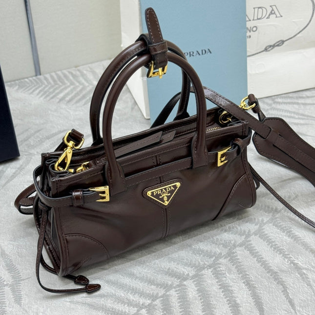 PRADA 25S BONNIE MINI HANDBAG 23 IN DARK BROWN CALFSKIN GOLD HARDWRE