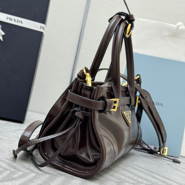 PRADA 25S BONNIE MINI HANDBAG 23 IN DARK BROWN CALFSKIN GOLD HARDWRE