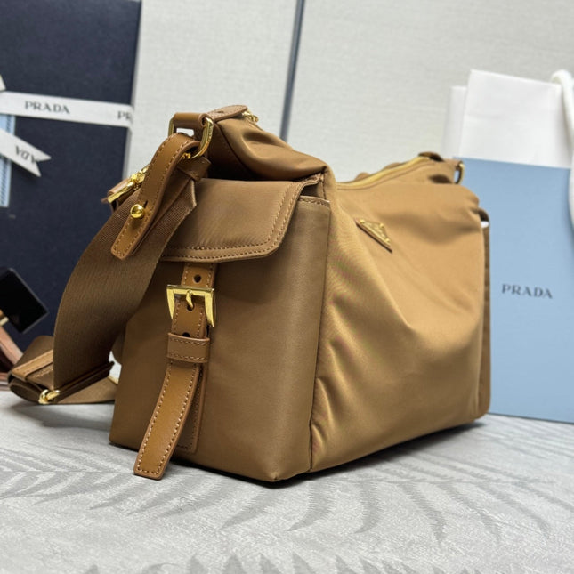 PRADA 25S EXPLORE LARGE RE-NYLON SHOULDER BAG 32 IN BRANDY WITH FLAP
