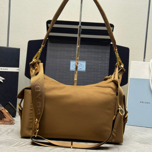 PRADA 25S EXPLORE LARGE RE-NYLON SHOULDER BAG 32 IN BRANDY WITH FLAP