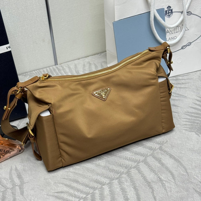 PRADA 25S EXPLORE LARGE RE-NYLON SHOULDER BAG 32 IN BRANDY WITH FLAP
